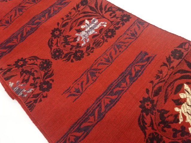 手織り紬変わり横段に草花・動物模様織出し名古屋帯